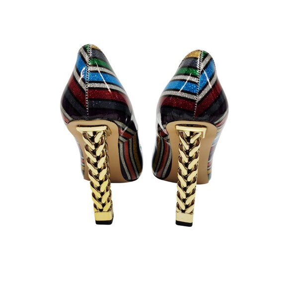 FSJ Womens Pointed Toe Chain Heel Striped Multicolor Pumps Size 8 - Picture 11 of 11